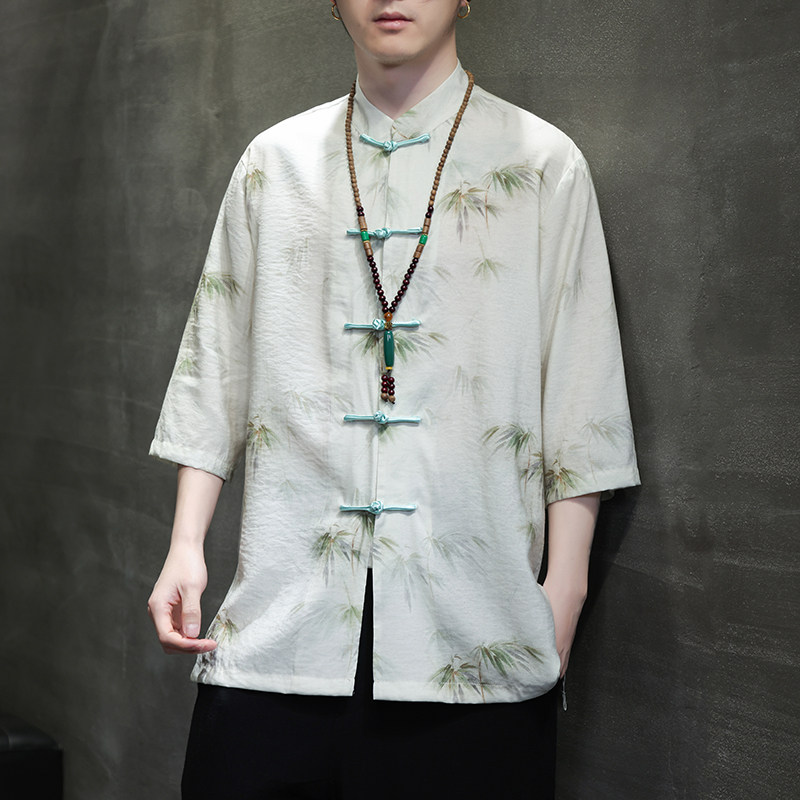 2024夏风男装冰丝印花唐装汉服短袖五分袖衬衫C229-Y1003-P70,男装衬衫,电商C229