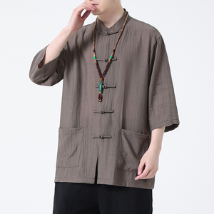 2024夏风男装冰丝唐装汉服短袖五分袖衬衫衬衣C229-Y902-P65,汉服裙子搭配日常衣服男生图片