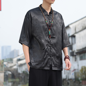 2024夏风男装冰丝唐装汉服短袖五分袖衬衫衬衣C229/Y620/P50图片
