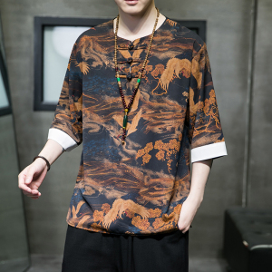 2024春季风男装冰丝印花唐装汉服短袖五分袖T恤C229/T191/P55图片