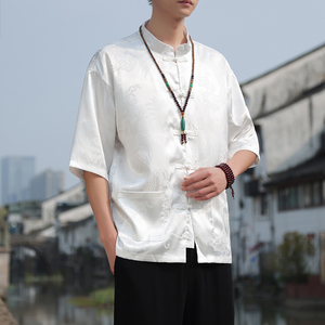 2024夏风男装冰丝唐装汉服短袖五分袖衬衫衬衣C229/Y620/P50图片