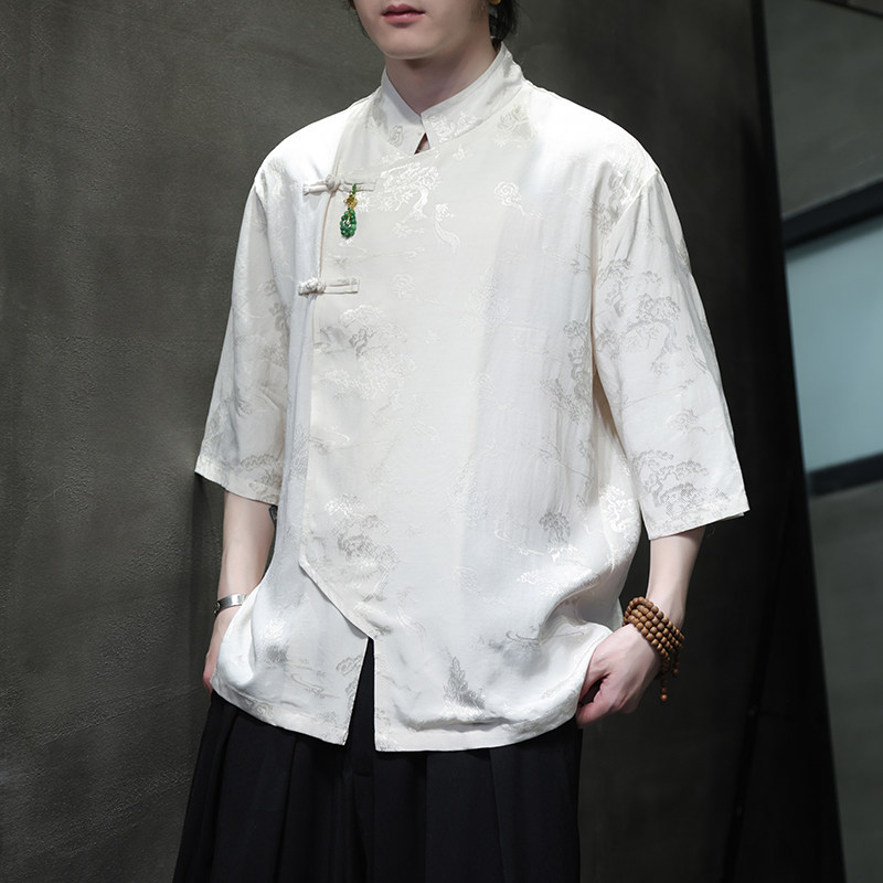 2024夏季风男装冰丝唐装短袖五分袖衬衫衬衣C229-Y1034-P80,男装衬衫,电商C229