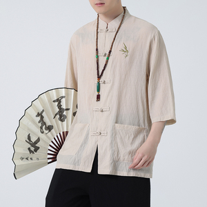 2024春夏风男装刺绣唐装汉服短袖五分袖衬衫C229-Y907-P65图片