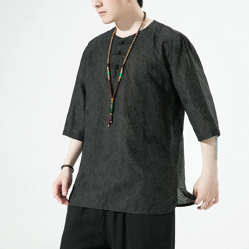 2024春夏风男装棉麻唐装汉服白底五分袖短袖T恤C229/T201/P65图片