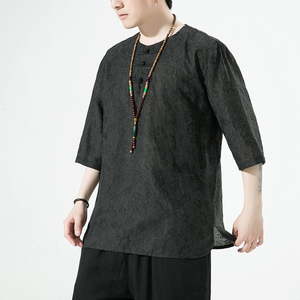 2024春夏风男装棉麻唐装汉服白底五分袖短袖T恤C229/T201/P65图片