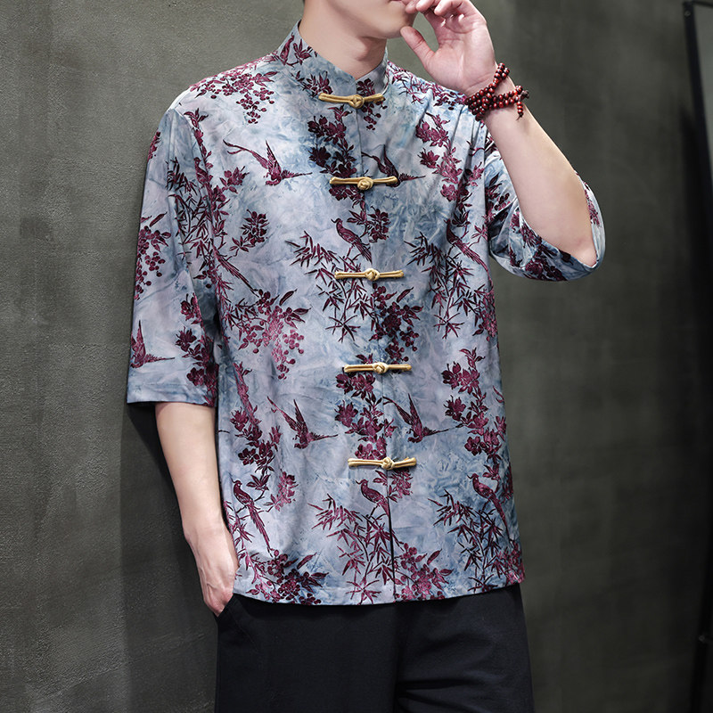 2025夏季风男装提花唐装汉服短袖衬衫衬衣大码C229-Y1101-P70,男装衬衫,电商C229