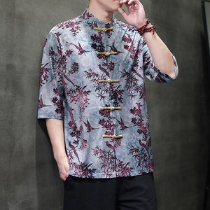 2025夏季风男装提花唐装汉服短袖衬衫衬衣大码C229-Y1101-P70图片