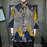 风男装棉亚麻印花唐装汉服短袖五分袖衬衫衬衣C229/Y728/P65，男装衬衫，电商C229