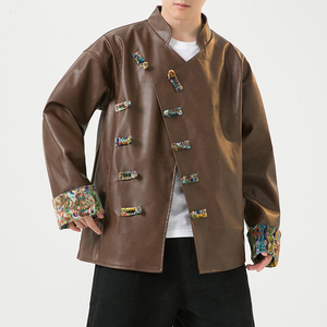 2024冬风男装复古中式唐装汉服pu仿皮夹克外套C229/Y796/P125,成都霸气男装搭配图片