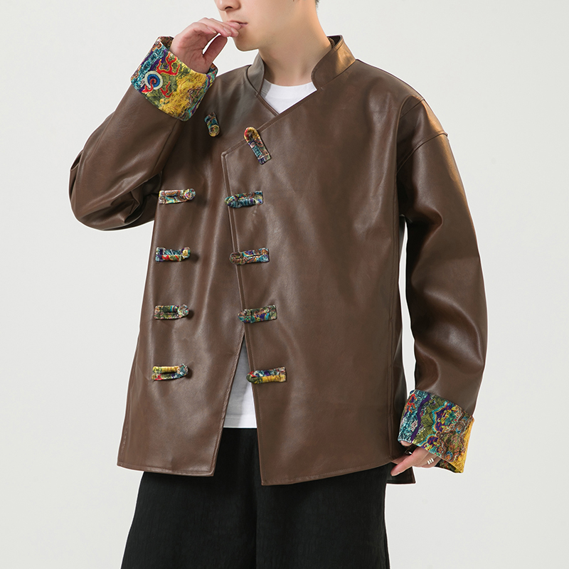 2024冬风男装复古中式唐装汉服pu仿皮夹克外套C229/Y796/P125，男装皮衣，电商C229