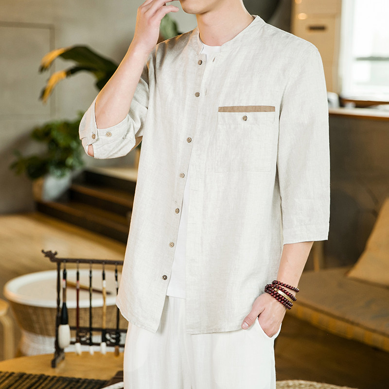 2023春夏风男装棉麻亚麻五分袖短袖衬衫男大码C229/T169/P55图片