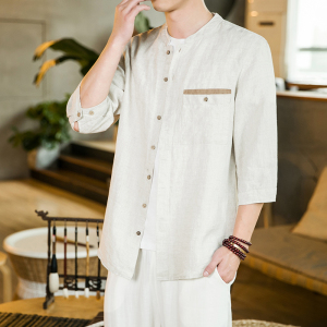 2023春夏风男装棉麻亚麻五分袖短袖衬衫男大码C229/T169/P55图片