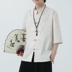 2024夏风男装盘扣唐装汉服短袖五分袖衬衫衬衣C229-Y1031-P70图片