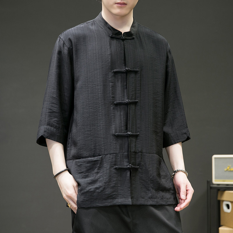2024夏风男装冰丝唐装汉服短袖五分袖衬衫衬衣C229/Y729/P65,男装衬衫,电商C229