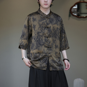 2024夏风男装印花唐装汉服短袖五分袖衬衫衬衣C229-Y1038-P70图片
