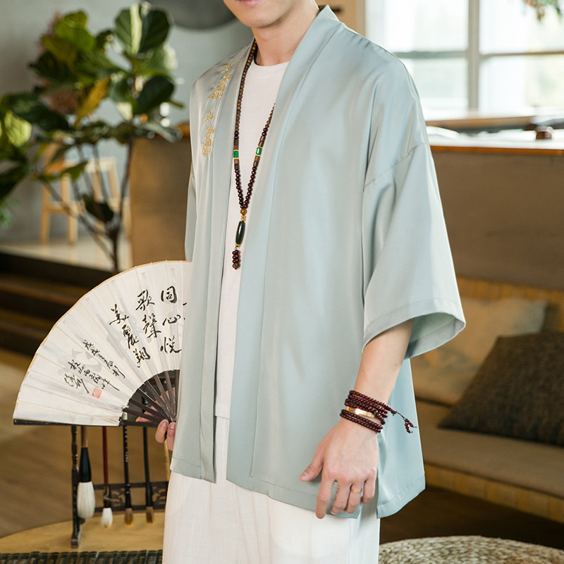 春夏风男装刺绣冰丝唐装汉服风衣男宽松大码C229/Y651/P50图片