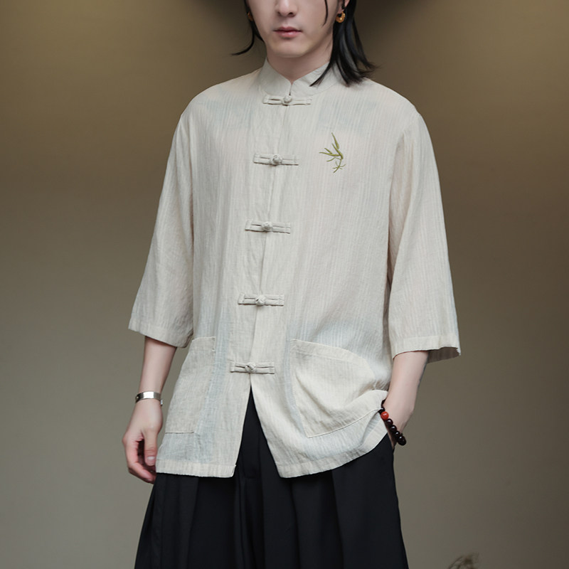 2024夏风男装刺绣唐装汉服短袖五分袖衬衫衬衣C229-Y907-P65,男装衬衫,电商C229