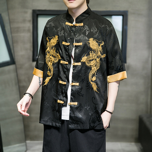 2024夏风男装刺绣唐装汉服短袖五分袖衬衫衬衣C229/Y656/P60图片