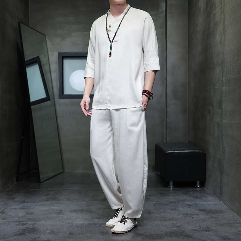 2025夏风男装棉麻亚麻唐装短袖套装两件套C229-TZ367-P100,男装休闲套装,电商C229