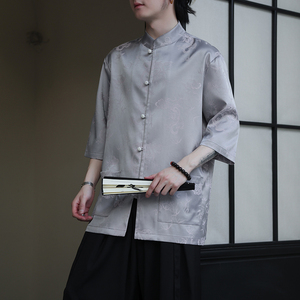 2024夏季风男装冰丝唐装汉服短袖五分袖衬衫C229-Y1029-P70图片