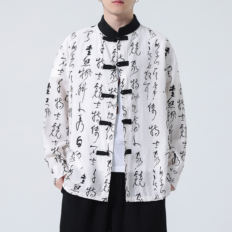 2024春夏新款风男装印花棉麻唐装汉服长袖衬衫C229-Y999-P75,男装衬衫,电商C229