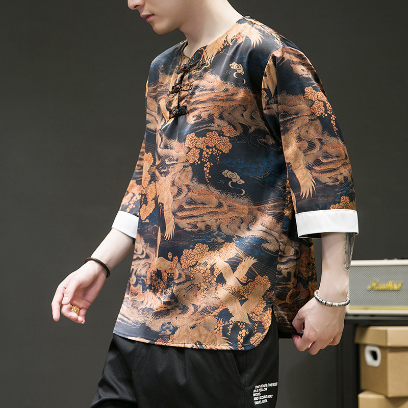 2024夏季风男装冰丝唐装汉服短袖五分袖T恤大码C229/T191/P55,男装T恤,电商C229
