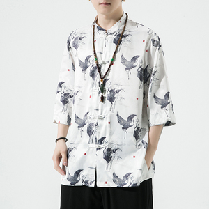 风男装冰丝印花唐装汉服短袖五分袖衬衫衬衣C229/Y735/P60图片