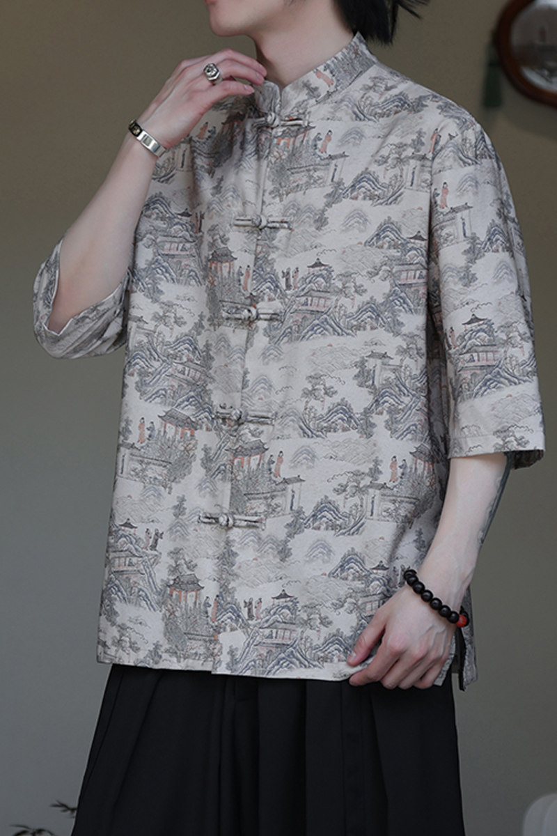 2024夏季风男装印花唐装汉服短袖五分袖衬衫C229-Y1023-P68,男装衬衫,电商C229