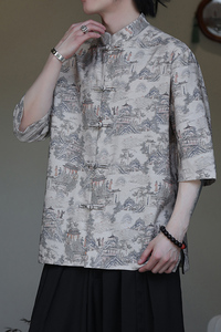 2024夏季风男装印花唐装汉服短袖五分袖衬衫C229-Y1023-P68图片