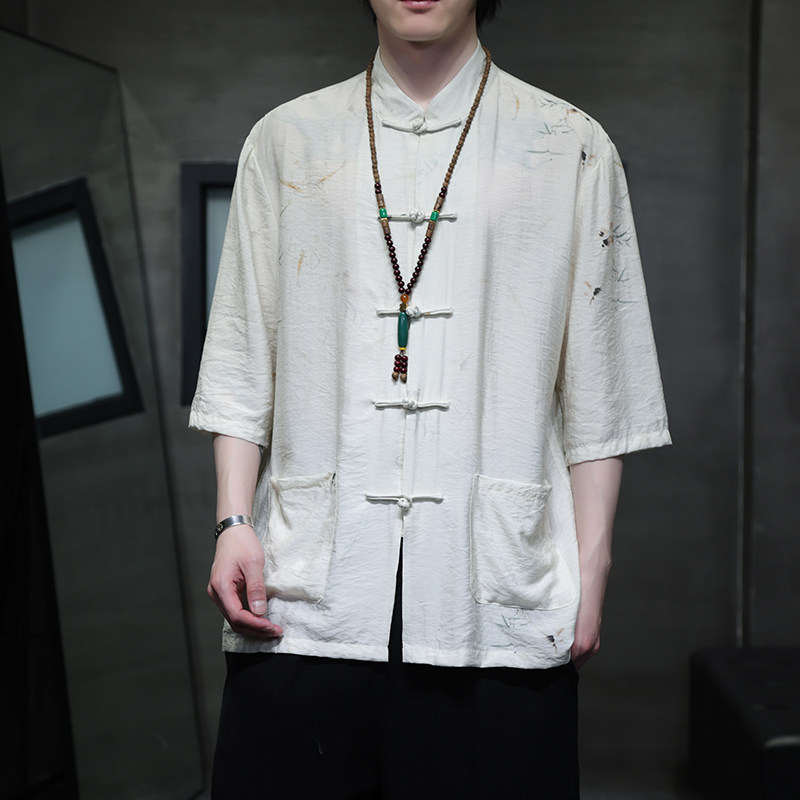 2024夏风男装印花唐装汉服短袖五分袖衬衫衬衣C229-Y1020-P70图片