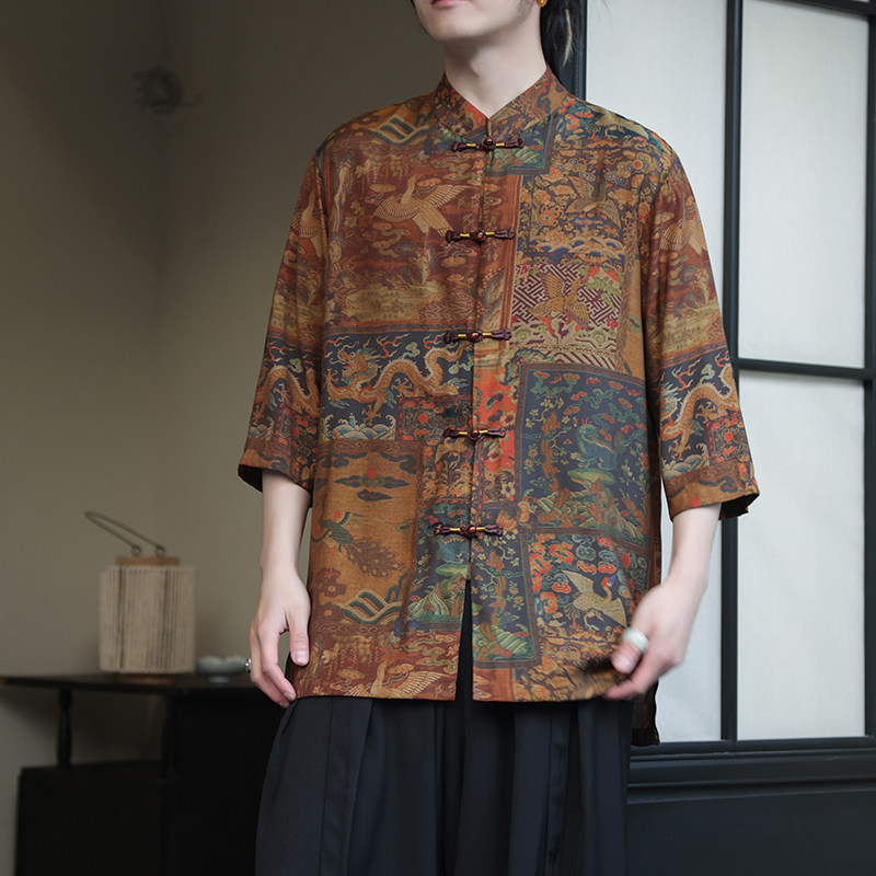 2024夏风男装印花唐装汉服短袖五分袖衬衫衬衣C229-Y1005-P68图片