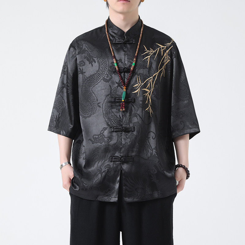 2024风男装冰丝唐装汉服刺绣唐装汉服短袖衬衫C229-Y1016-P65,男装衬衫,电商C229