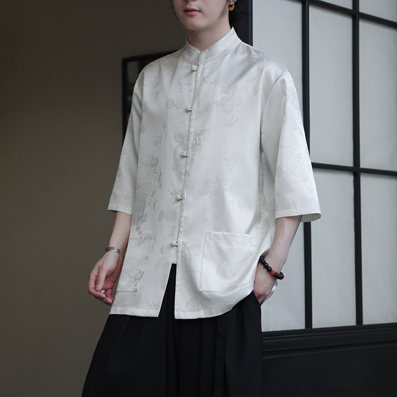 2024夏季风男装冰丝唐装汉服短袖五分袖衬衫C229-Y1029-P70,男装衬衫,电商C229