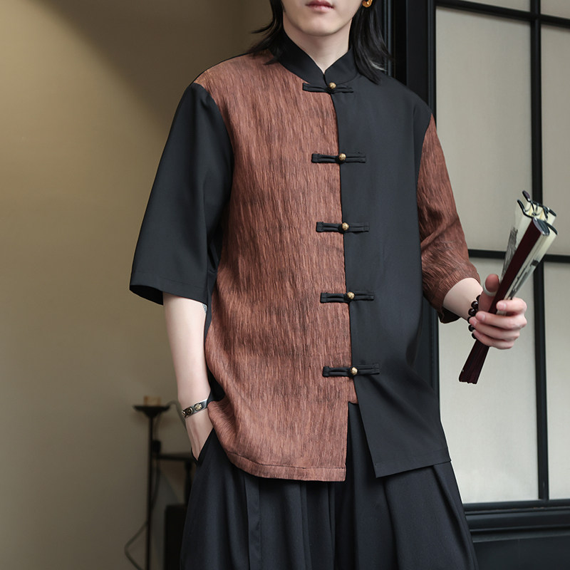 2024夏季新款风男装拼接唐装汉服短袖衬衫衬衣C229-Y904-P65图片
