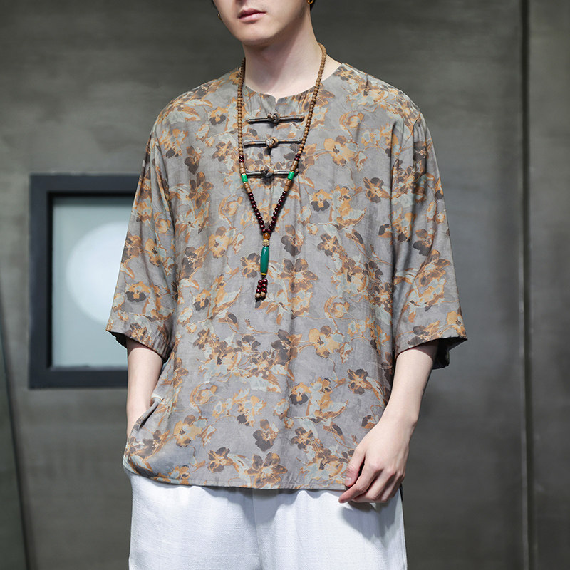 2024春夏风男装盘扣中式唐装汉服短袖五分袖T恤C229-T214-P60,男装T恤,电商C229