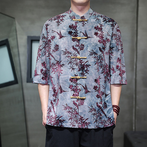 2025夏季风男装提花唐装汉服短袖衬衫衬衣大码C229-Y1101-P70图片