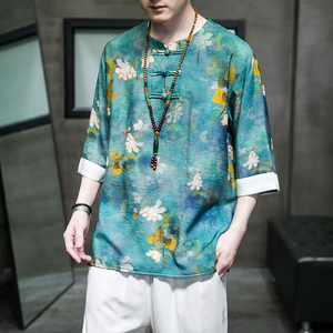 2024夏季风男装印花唐装汉服短袖五分袖T恤大码C229/T175/P50图片
