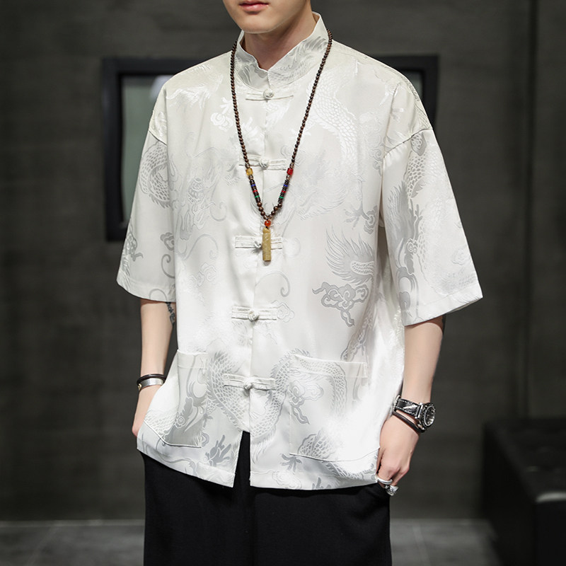 风男装冰丝唐装汉服短袖五分袖复古衬衫衬衣C229/Y620/P50图片
