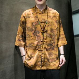 风男装冰丝印花唐装汉服短袖五分袖衬衫衬衣C229/Y943/P68