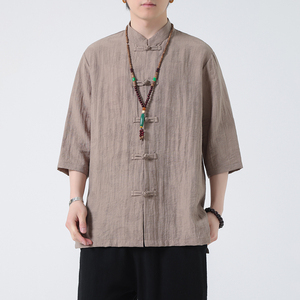 2024夏风男装盘扣唐装汉服短袖五分袖衬衫衬衣C229-Y1018-P65图片