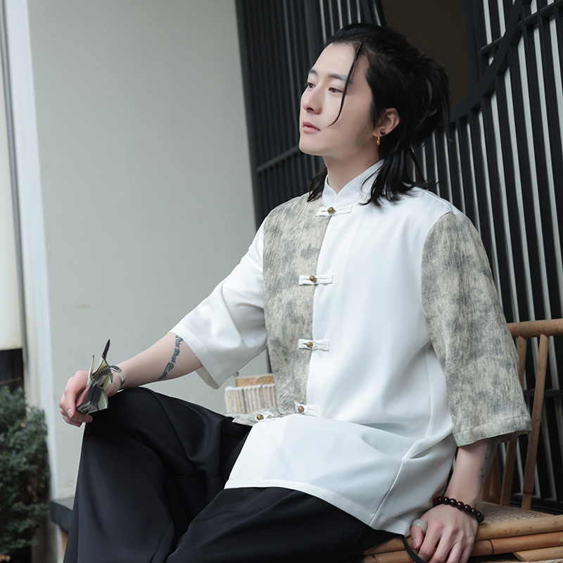 2024夏季新款风男装拼接唐装汉服短袖衬衫衬衣C229-Y904-P65,男装衬衫,电商C229