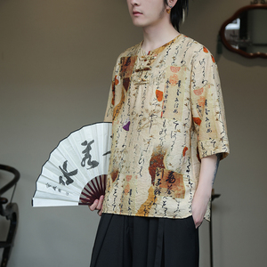 2024春夏新款风男装印花唐装汉服短袖五分袖T恤C229-T213-P60图片
