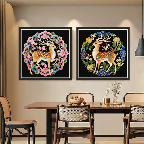 春天十字绣2025新款客厅大气麋鹿古风新中式玄关满绣手工自己绣画