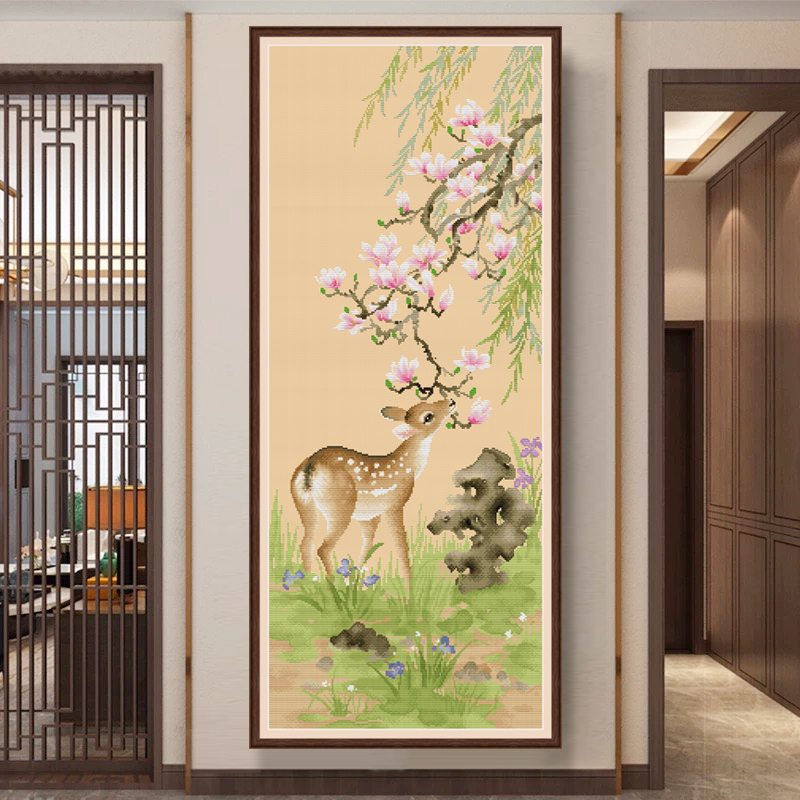 春天十字绣2025新款线绣新中式梅花鹿竖版风景客厅玄关手工自己绣