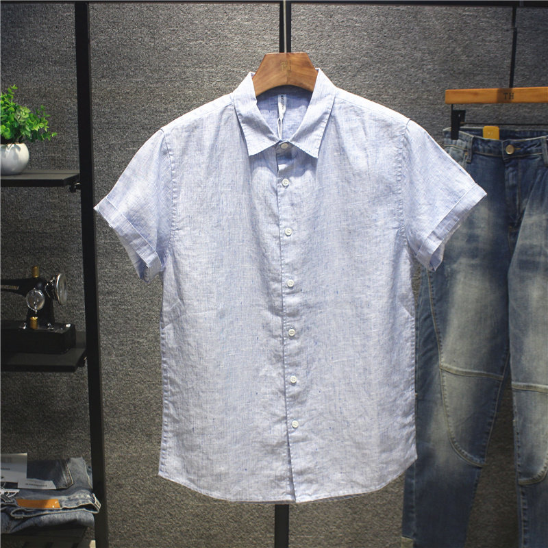 新款夏季小清新亚麻男士短袖衬衫