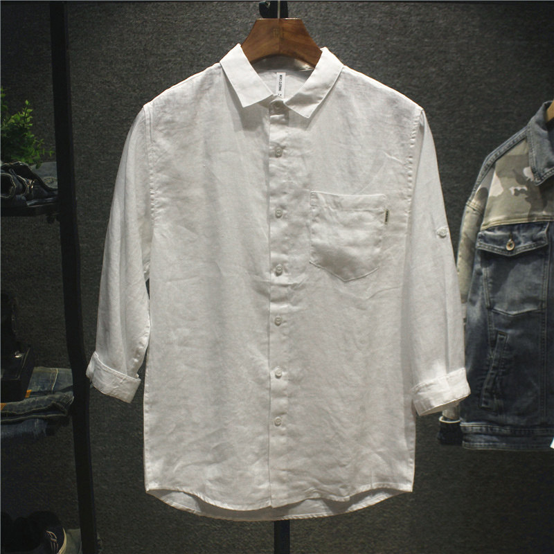 尖领七分袖日系简约衬衣男