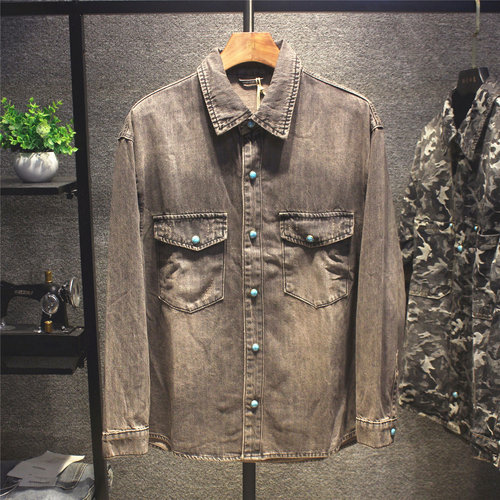 美式复古红绣色牛仔衬衫