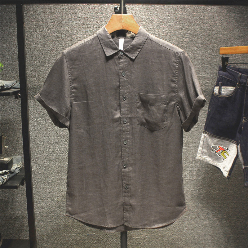 尖领短袖潮纯色衬衫男