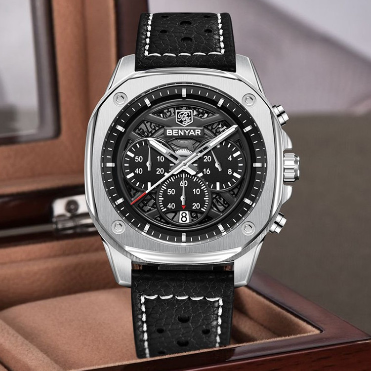 BENYAR宾雅原装男士石英手表计时码表不锈钢夜光防水男士手表5222