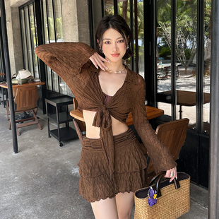 显瘦大码 罩衫 胖mm遮肉200斤泡温泉 分体钢托三件套长袖 泳衣女裙式